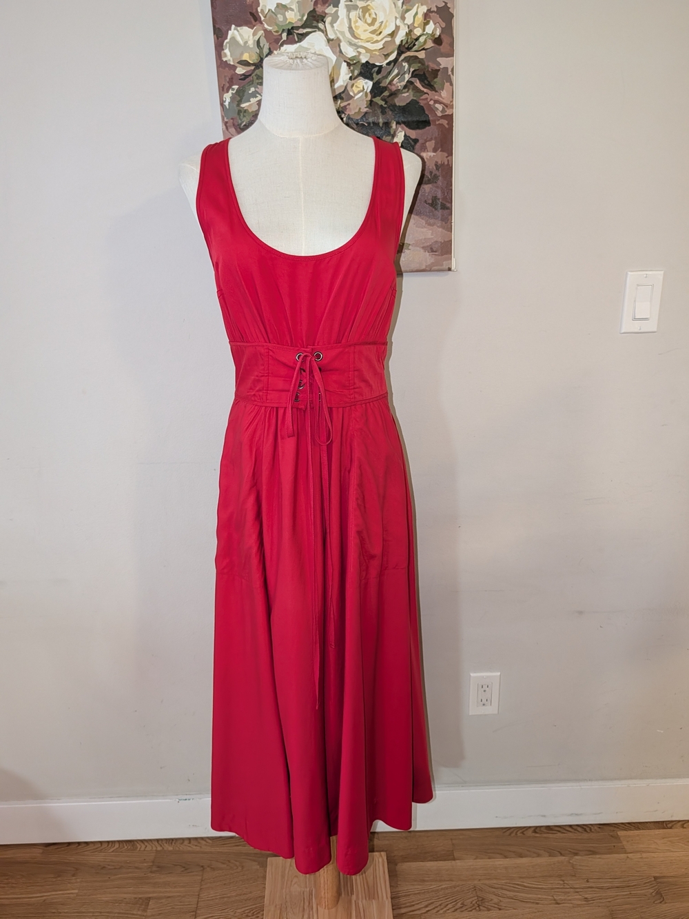 Tracy Reese Red/Raspberry Sleeveless Lace-Up Waist Maxi Dress